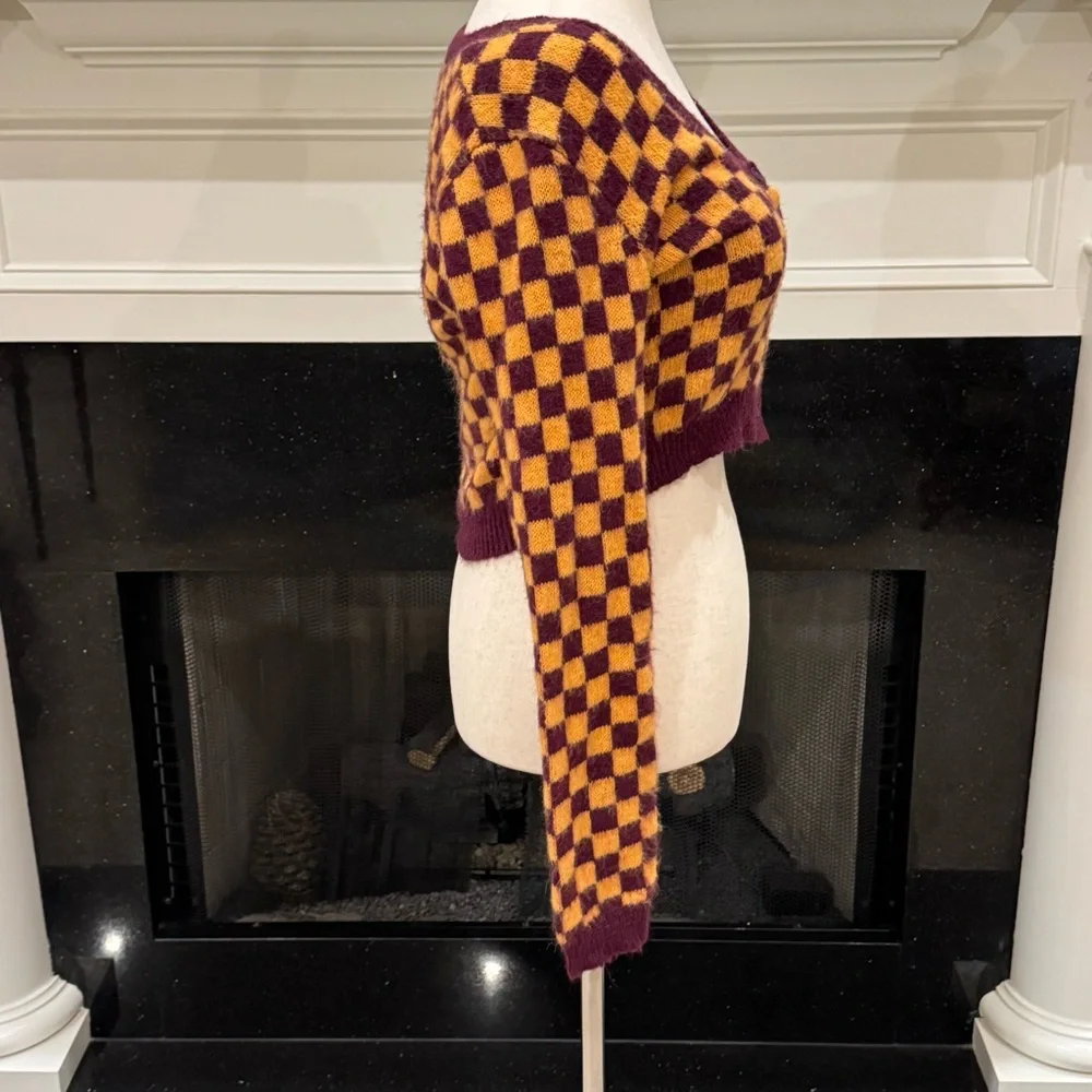 Zara Checkerboard Cropped Cardigan | Size Small | Maroon & Mustard - Picture 8 of 13